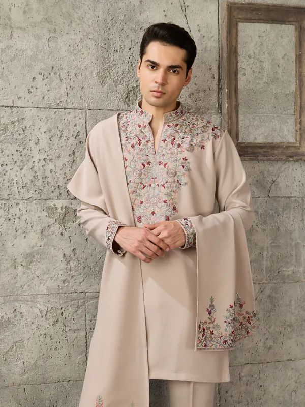 Beige_Japanese_Cotton_Straight_Embroidered_Kurta_For_Men