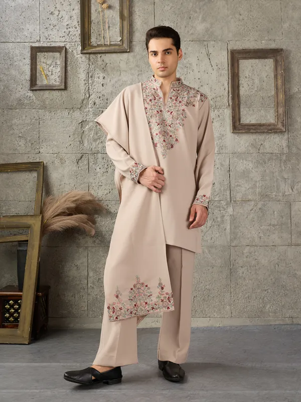 Beige_Japanese_Cotton_Straight_Embroidered_Kurta_For_Men