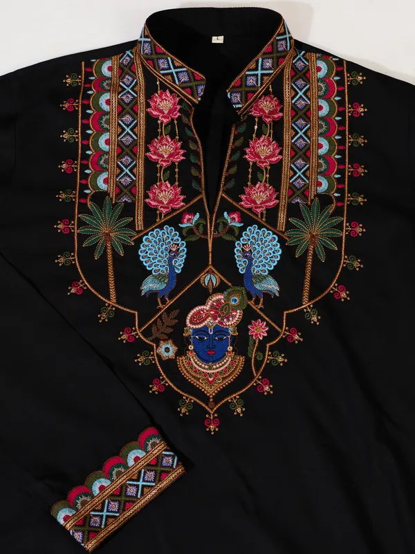 Black_Rayon_Straight_Embroidered_Kurta_For_Men