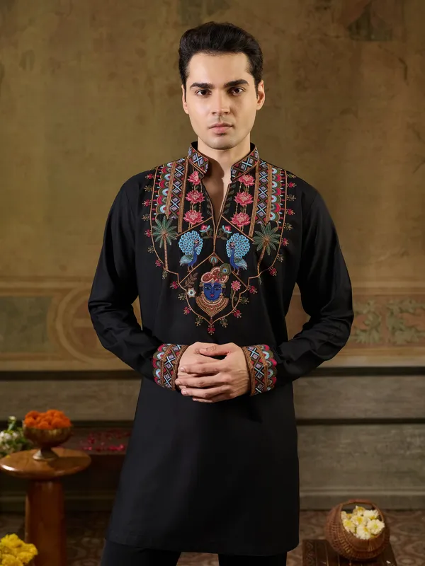 Black_Rayon_Straight_Embroidered_Kurta_For_Men