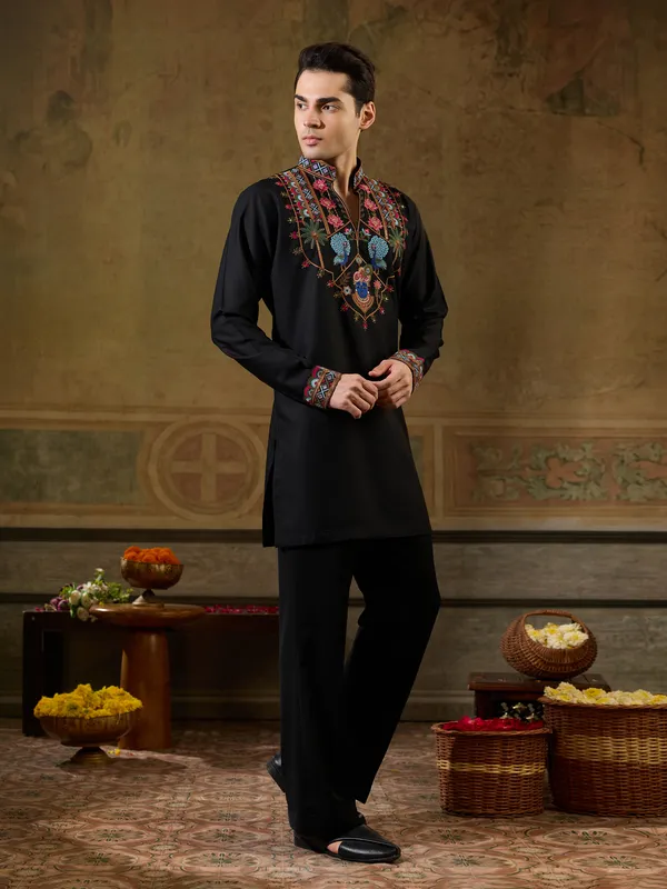 Black_Rayon_Straight_Embroidered_Kurta_For_Men