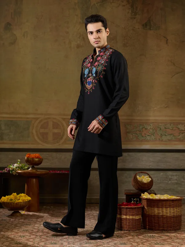 Black_Rayon_Straight_Embroidered_Kurta_For_Men