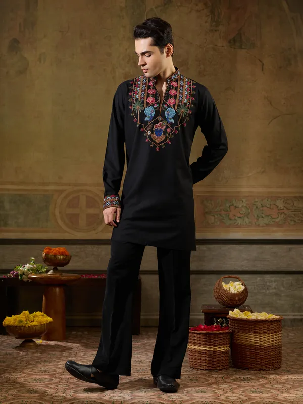 Black_Rayon_Straight_Embroidered_Kurta_For_Men