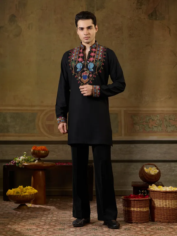 Black_Rayon_Straight_Embroidered_Kurta_For_Men