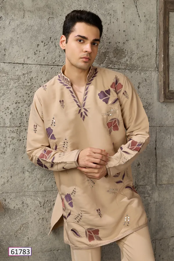 Beige_Printed_Straight_Kurta_Pajama_Set_For_Men