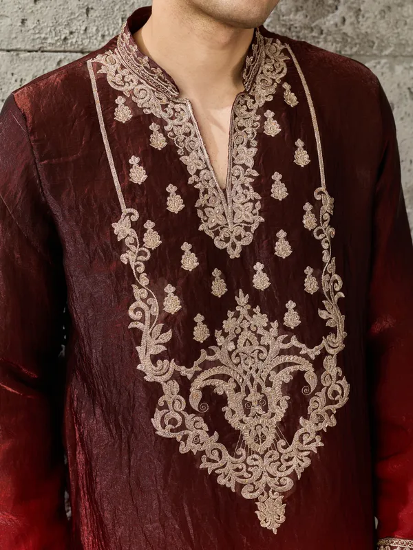 Maroon_Crush_Tissue_Straight_Embroidered_Kurta_For_Men