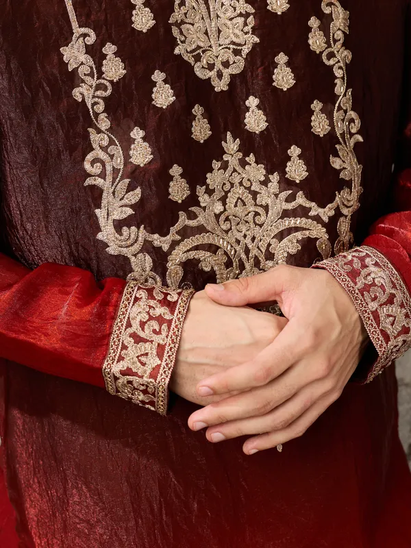 Maroon_Crush_Tissue_Straight_Embroidered_Kurta_For_Men