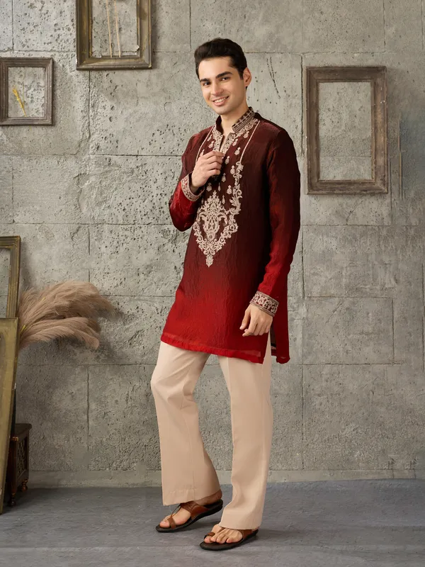 Maroon_Crush_Tissue_Straight_Embroidered_Kurta_For_Men