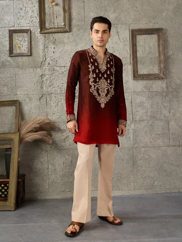 Maroon_Crush_Tissue_Straight_Embroidered_Kurta_For_Men