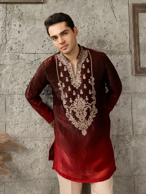 Maroon_Crush_Tissue_Straight_Embroidered_Kurta_For_Men