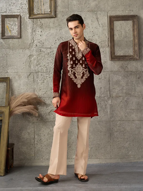 Maroon_Crush_Tissue_Straight_Embroidered_Kurta_For_Men