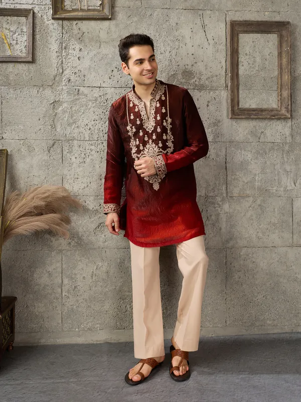 Maroon_Crush_Tissue_Straight_Embroidered_Kurta_For_Men