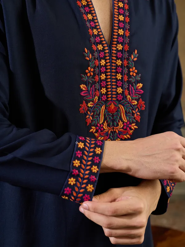 Navy_Blue_Rayon_Straight_Embroidered_Kurta_For_Men