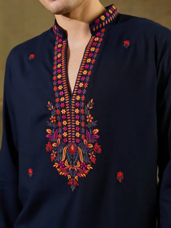 Navy_Blue_Rayon_Straight_Embroidered_Kurta_For_Men