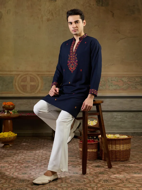 Navy_Blue_Rayon_Straight_Embroidered_Kurta_For_Men