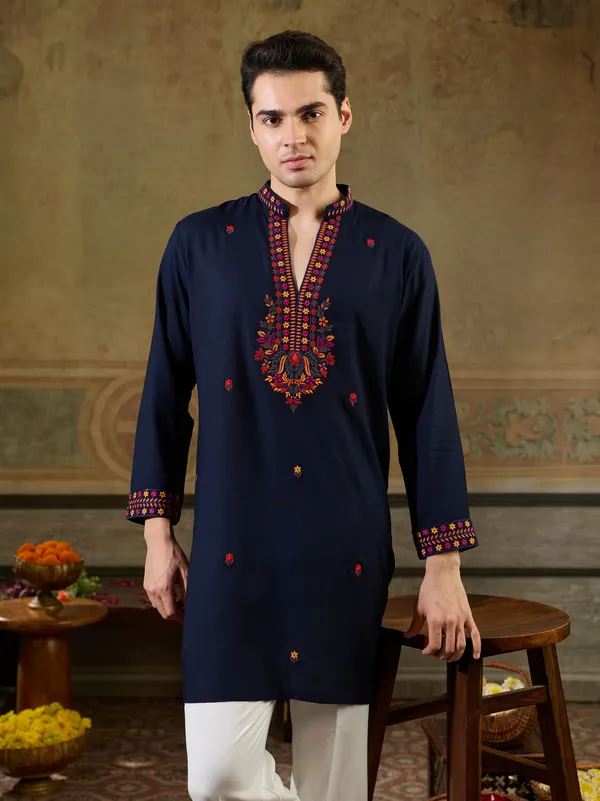 Navy_Blue_Rayon_Straight_Embroidered_Kurta_For_Men