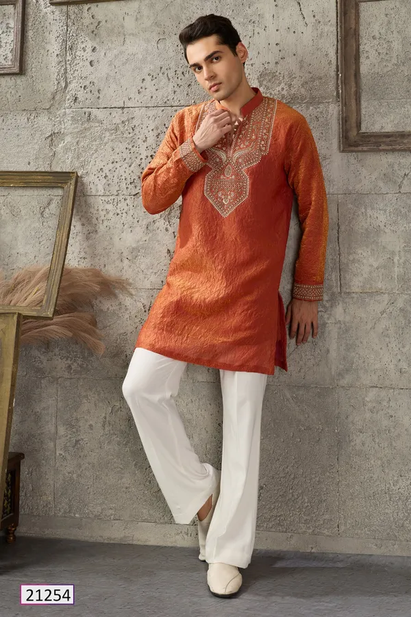 Rust_Textured_Straight_Fit_Kurta_Set_For_Men