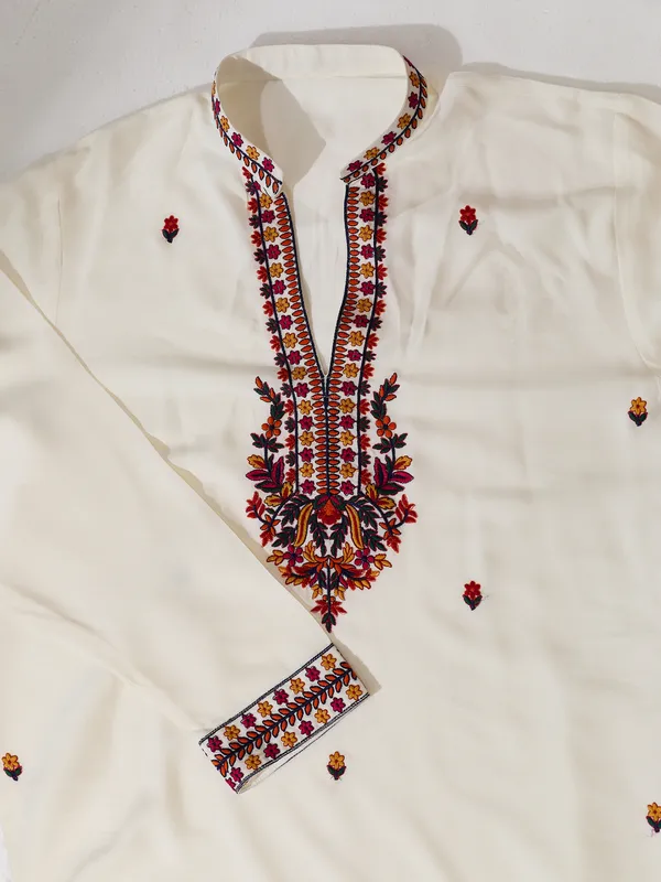 White_Rayon_Straight_Embroidered_Kurta_For_Men