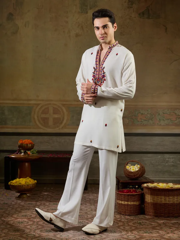 White_Rayon_Straight_Embroidered_Kurta_For_Men