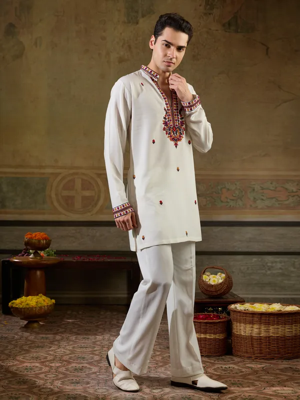 White_Rayon_Straight_Embroidered_Kurta_For_Men