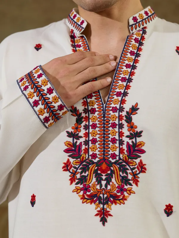 White_Rayon_Straight_Embroidered_Kurta_For_Men