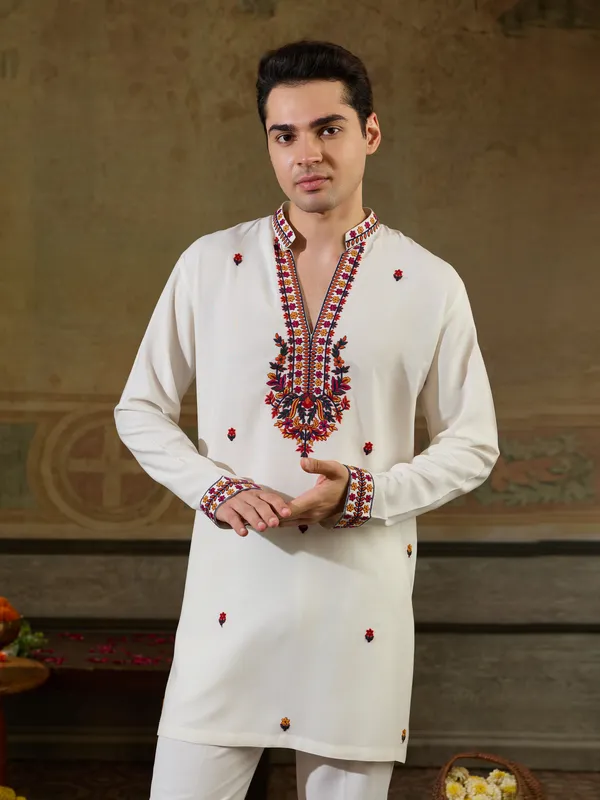 White_Rayon_Straight_Embroidered_Kurta_For_Men