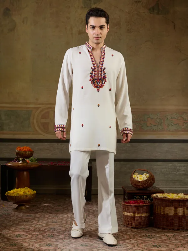 White_Rayon_Straight_Embroidered_Kurta_For_Men