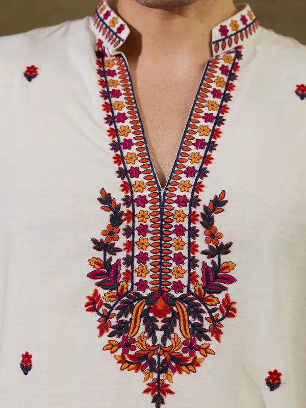White_Rayon_Straight_Embroidered_Kurta_For_Men