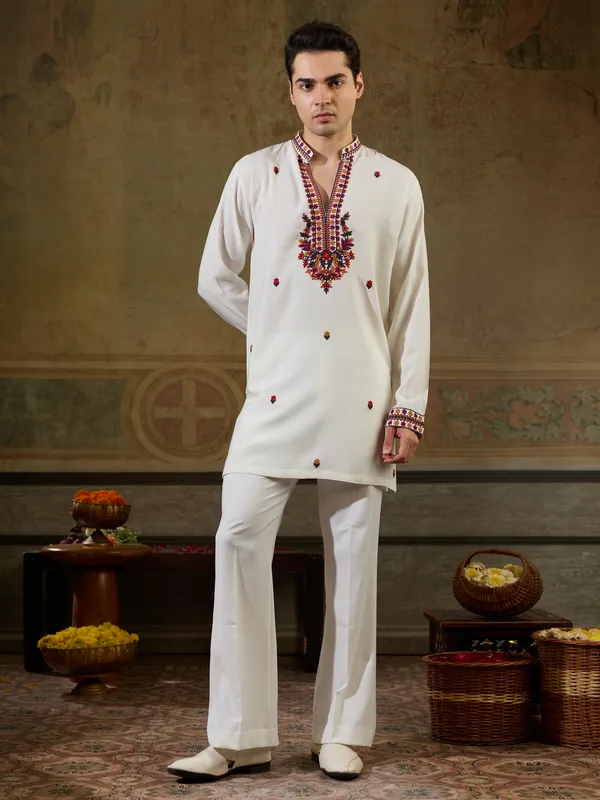 White_Rayon_Straight_Embroidered_Kurta_For_Men