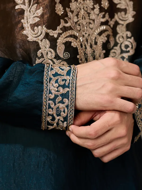 Navy_Blue_Crush_Tissue_Straight_Embroidered_Kurta_For_Men