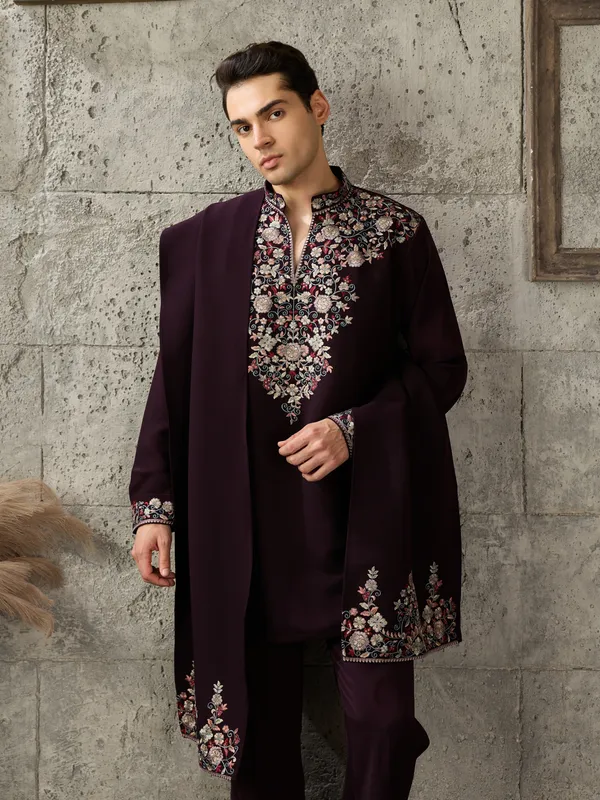 Burgundy_Japanese_Cotton_Embroidered_Kurta_Jacket_Set_For_Men