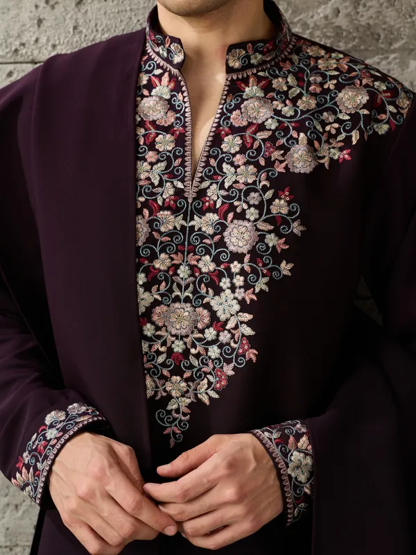 Burgundy_Japanese_Cotton_Embroidered_Kurta_Jacket_Set_For_Men