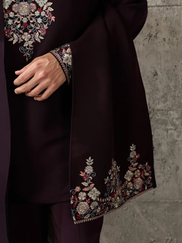 Burgundy_Japanese_Cotton_Embroidered_Kurta_Jacket_Set_For_Men