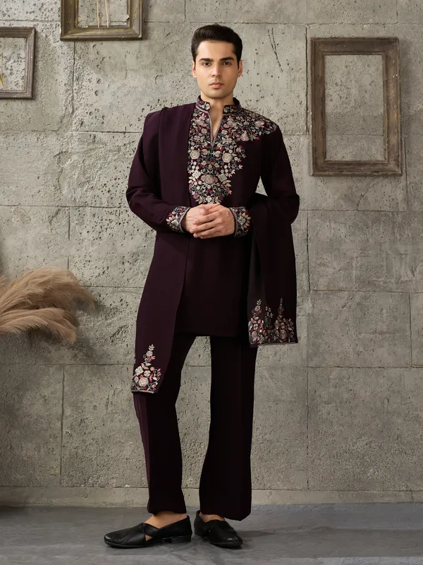 Burgundy_Japanese_Cotton_Embroidered_Kurta_Jacket_Set_For_Men