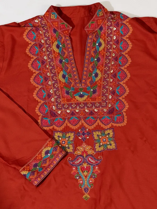 Dark_Maroon_Rayon_Straight_Embroidered_Kurta_For_Men