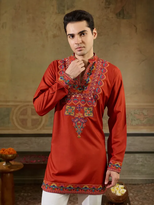 Dark_Maroon_Rayon_Straight_Embroidered_Kurta_For_Men