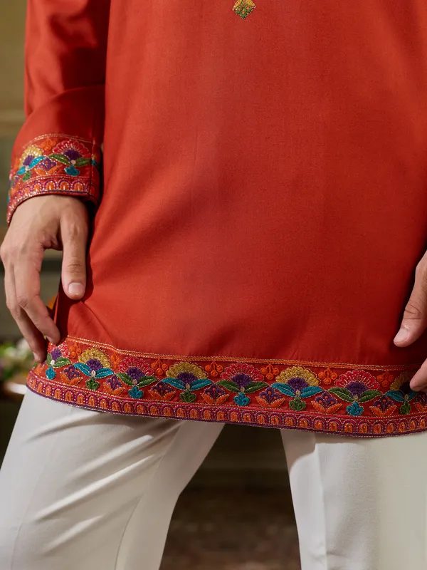 Dark_Maroon_Rayon_Straight_Embroidered_Kurta_For_Men