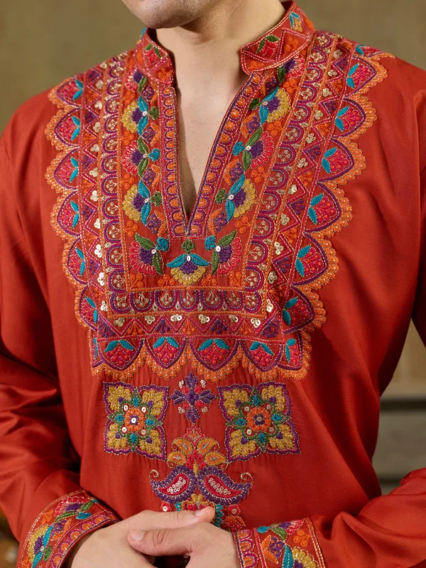 Dark_Maroon_Rayon_Straight_Embroidered_Kurta_For_Men