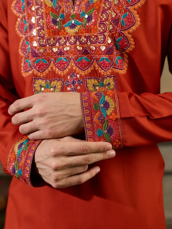 Dark_Maroon_Rayon_Straight_Embroidered_Kurta_For_Men
