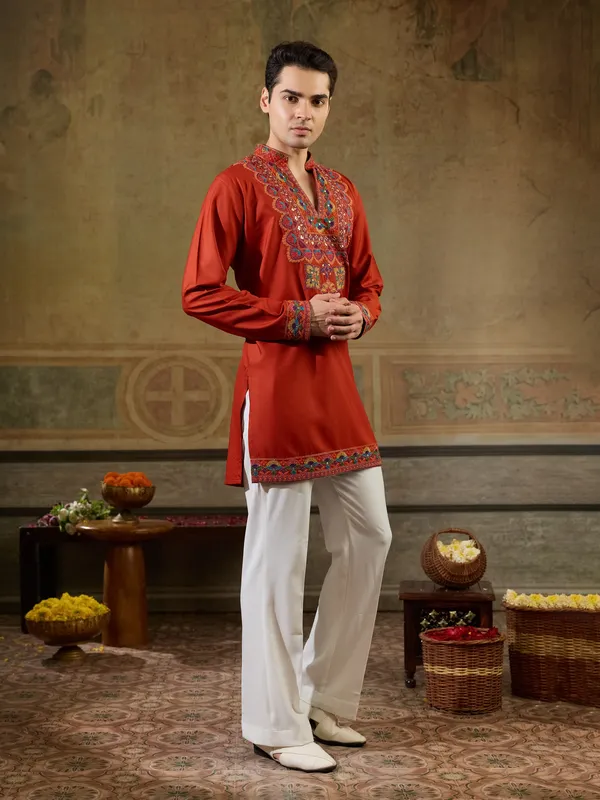 Dark_Maroon_Rayon_Straight_Embroidered_Kurta_For_Men