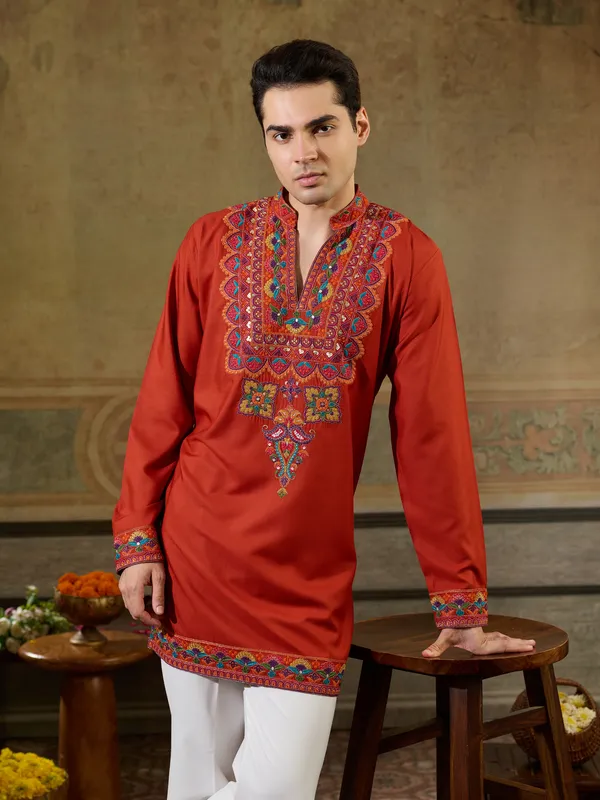 Dark_Maroon_Rayon_Straight_Embroidered_Kurta_For_Men
