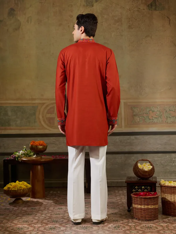 Dark_Maroon_Rayon_Straight_Embroidered_Kurta_For_Men