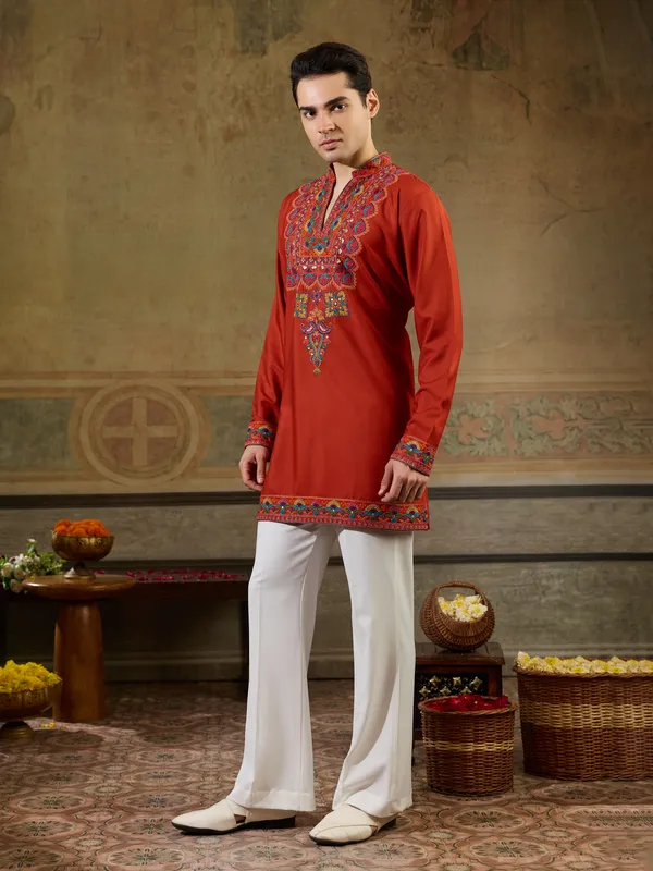 Dark_Maroon_Rayon_Straight_Embroidered_Kurta_For_Men