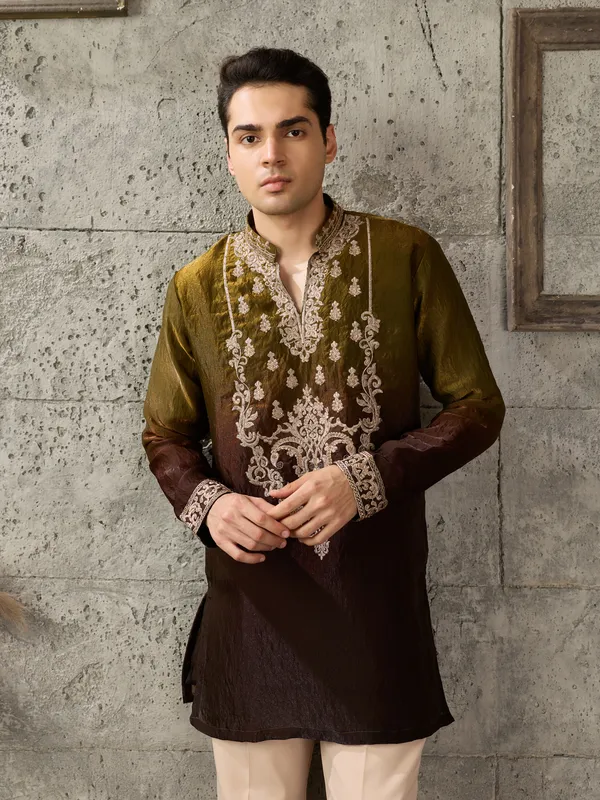 Brown_Crush_Tissue_Straight_Embroidered_Kurta_For_Men