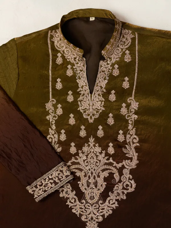 Brown_Crush_Tissue_Straight_Embroidered_Kurta_For_Men