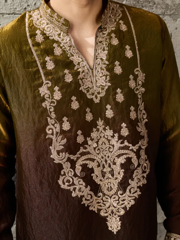 Brown_Crush_Tissue_Straight_Embroidered_Kurta_For_Men