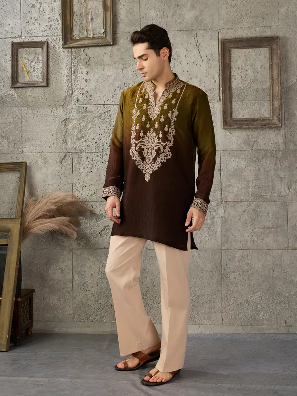 Brown_Crush_Tissue_Straight_Embroidered_Kurta_For_Men