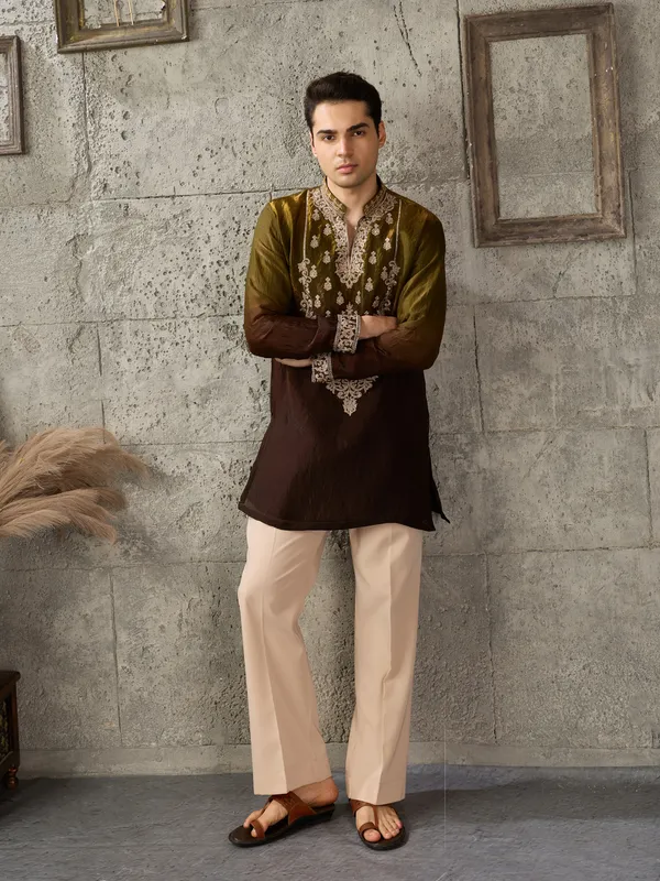 Brown_Crush_Tissue_Straight_Embroidered_Kurta_For_Men