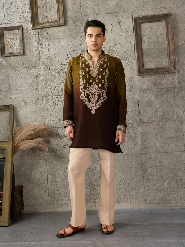 Brown_Crush_Tissue_Straight_Embroidered_Kurta_For_Men