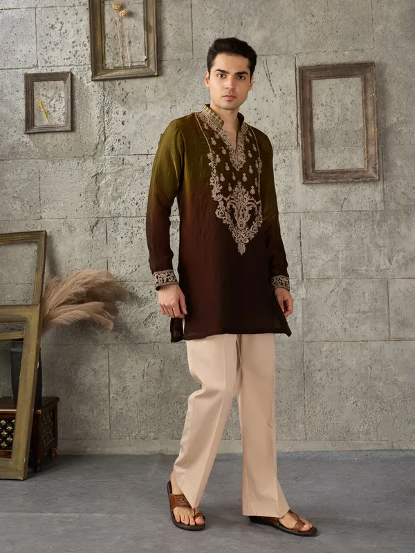 Brown_Crush_Tissue_Straight_Embroidered_Kurta_For_Men